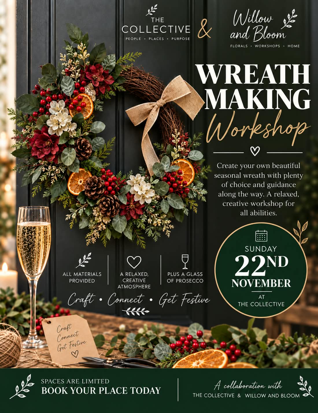 Festive Wreath Making Workshop presented by The Collective and Willow and Bloom on Sunday 22 November 2026